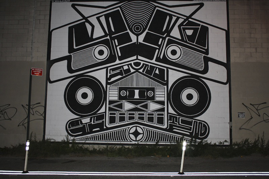 ‘Super Duper Sound System’ by Joshua Abram Howard. The striking black and white graphic imitates a Native American potlatch ritual, a type of community gathering of exchange. Photo by Kelsey Savage.